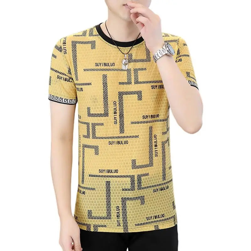 Herren Kurzarm T-Shirt aus feiner Seide mit trendigem Print im lässigen Stil