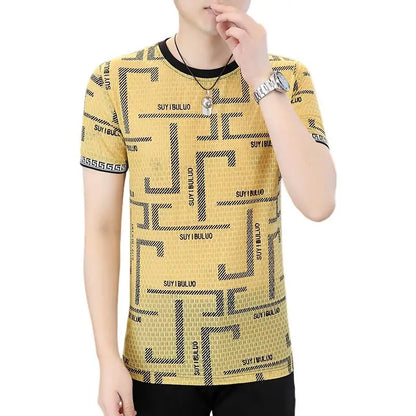 Herren Kurzarm T-Shirt aus feiner Seide mit trendigem Print im lässigen Stil