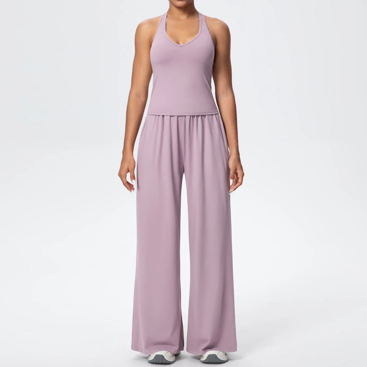 Hellrosa Yoga-Set für Damen: Träger-Top und lange, weite Hose mit Raffung am Bund