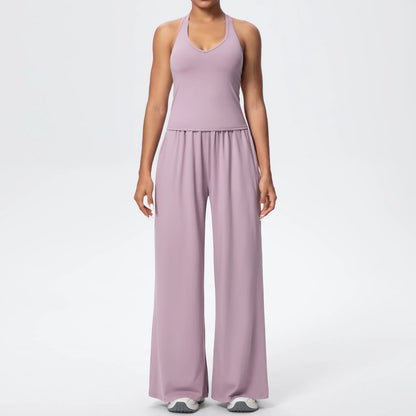 Hellrosa Yoga-Set für Damen: Träger-Top und lange, weite Hose mit Raffung am Bund
