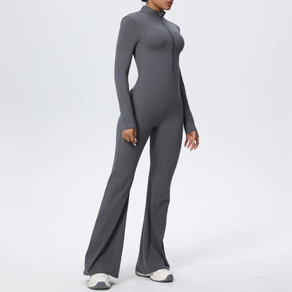 Dunkelgrauer Fitness-Overall mit Stehkragen, halbem Reißverschluss und ausgestellter Hose