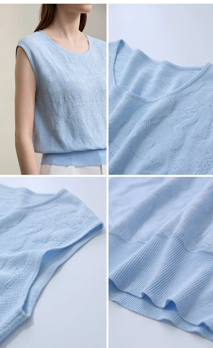 Damen-Rundhalspullover ärmellos Jacquard locker kurz Viskose Sommer