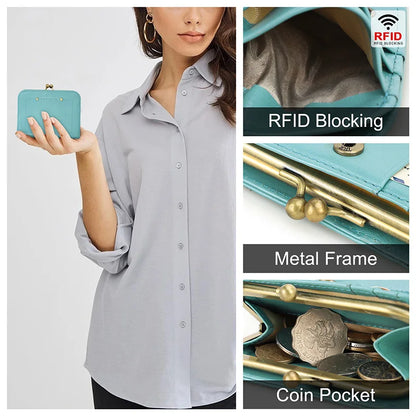Damen Echtleder Geldbörse Vintage Metallrahmen RFID 6 Kartenfächer Münzfach Reise