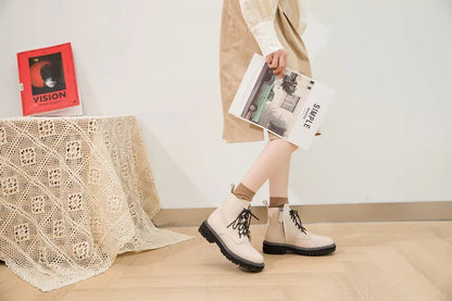 Damen-Stiefeletten aus Leder, hellbeige, mit Schnürung und robuster Profilsohle