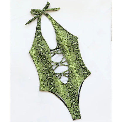 Damen Badeanzug Schlangenhaut Neckholder Bauch-Cut-Out Monokini Einteiler