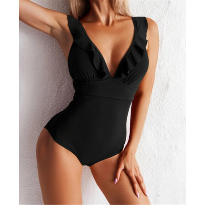 Damen Badeanzug Rüschen V-Ausschnitt rückenfrei Schnürung Monokini 6 Farben