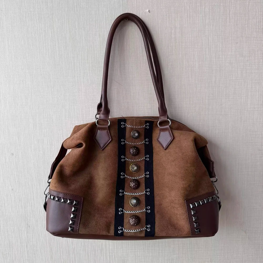 Damen-Tasche Umwandelbare Schultertasche im Boho Western Stil mit Nieten und Kettenakzenten