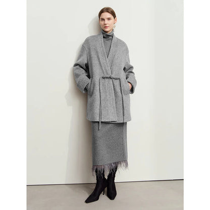 Damen Wollmantel im minimalistischen Neo-Chinesischen Stil mit V-Ausschnitt und Taschen