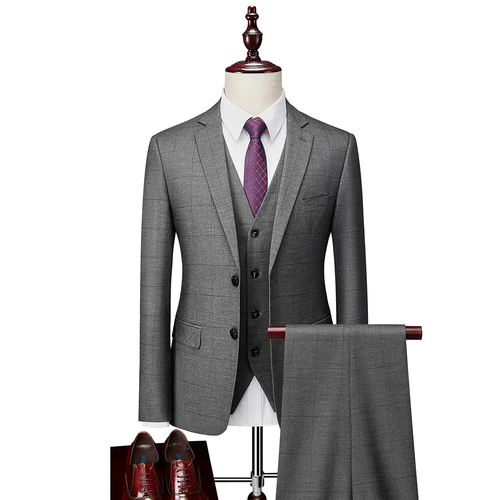 Hochwertiger Herren Anzug 3-teilig: Kariert, Grau, Slim Fit, Business & Hochzeit.