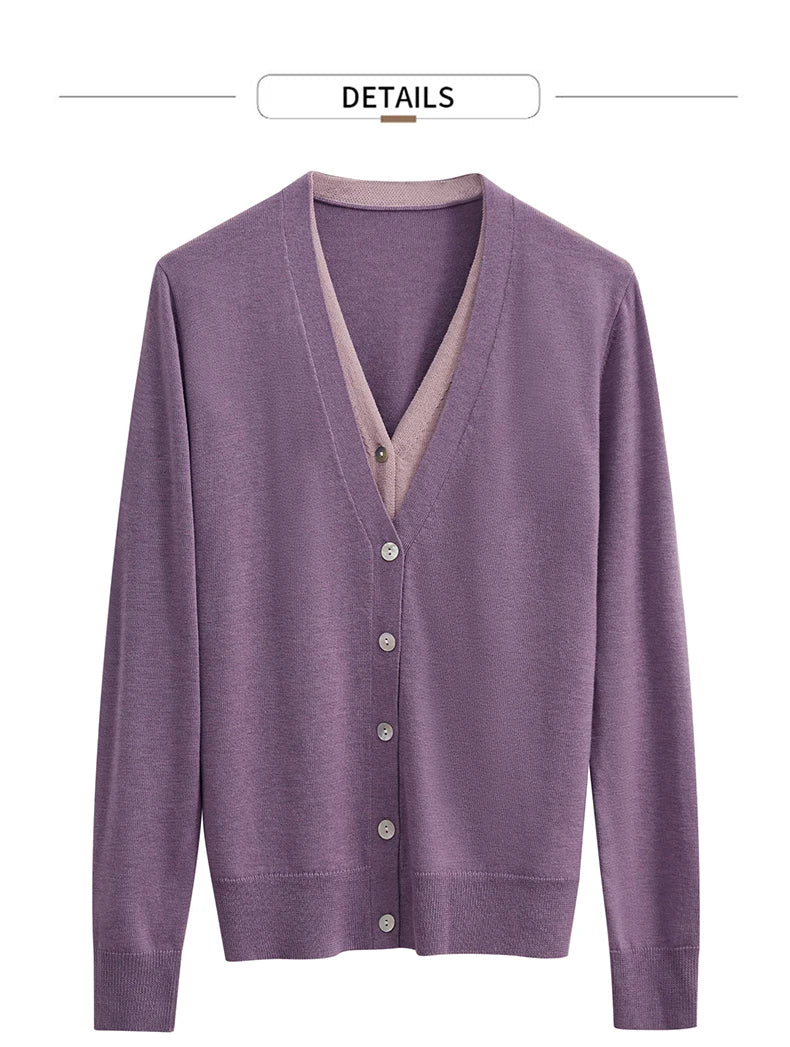 Damen-Strickjacke V-Ausschnitt dünn locker Patchwork Sommer