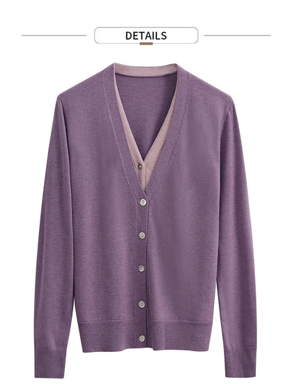 Damen-Strickjacke V-Ausschnitt dünn locker Patchwork Sommer