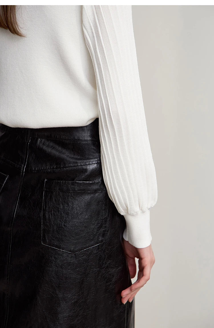Damen-Strickjacke Slim halbhoher Kragen Laternenärmel Wolle-Mix Herbst