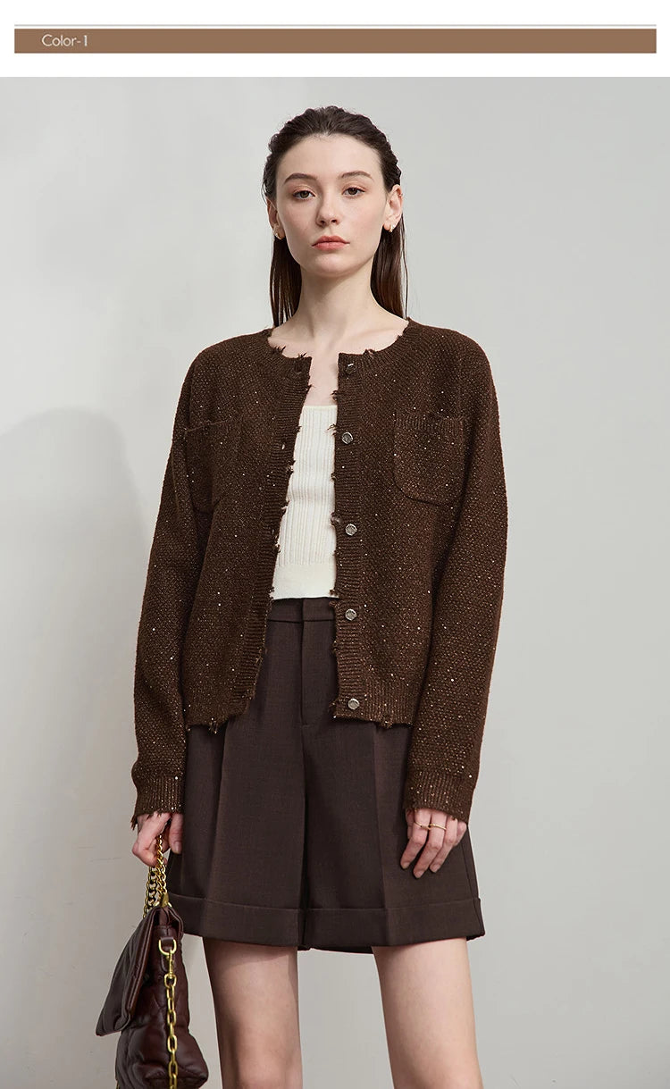 Damen-Strickjacke Rundhals englischer Stil einfarbig elegant Herbst