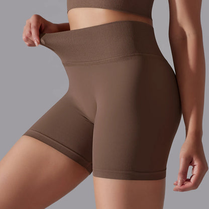 Nahtlose Damen-Shorts aus Strick, schokobraun, kurze Laufhose mit breitem Bund