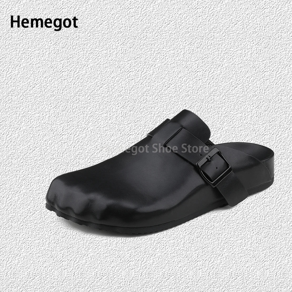 Schwarzer Slipper mit Ein-Riemen-Design und rechteckiger Schnalle