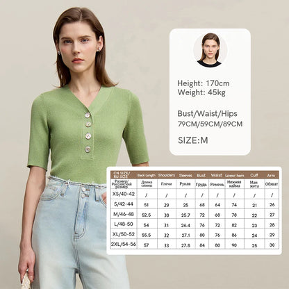 Damen V-Ausschnitt Pullover Wolle-Mix Halbarm Slim Frühling-Herbst