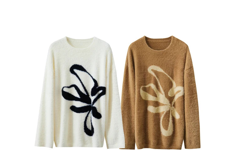 Damen-Jacquardpullover im Set: offwhite mit schwarzem Motiv und braun mit beigem Motiv