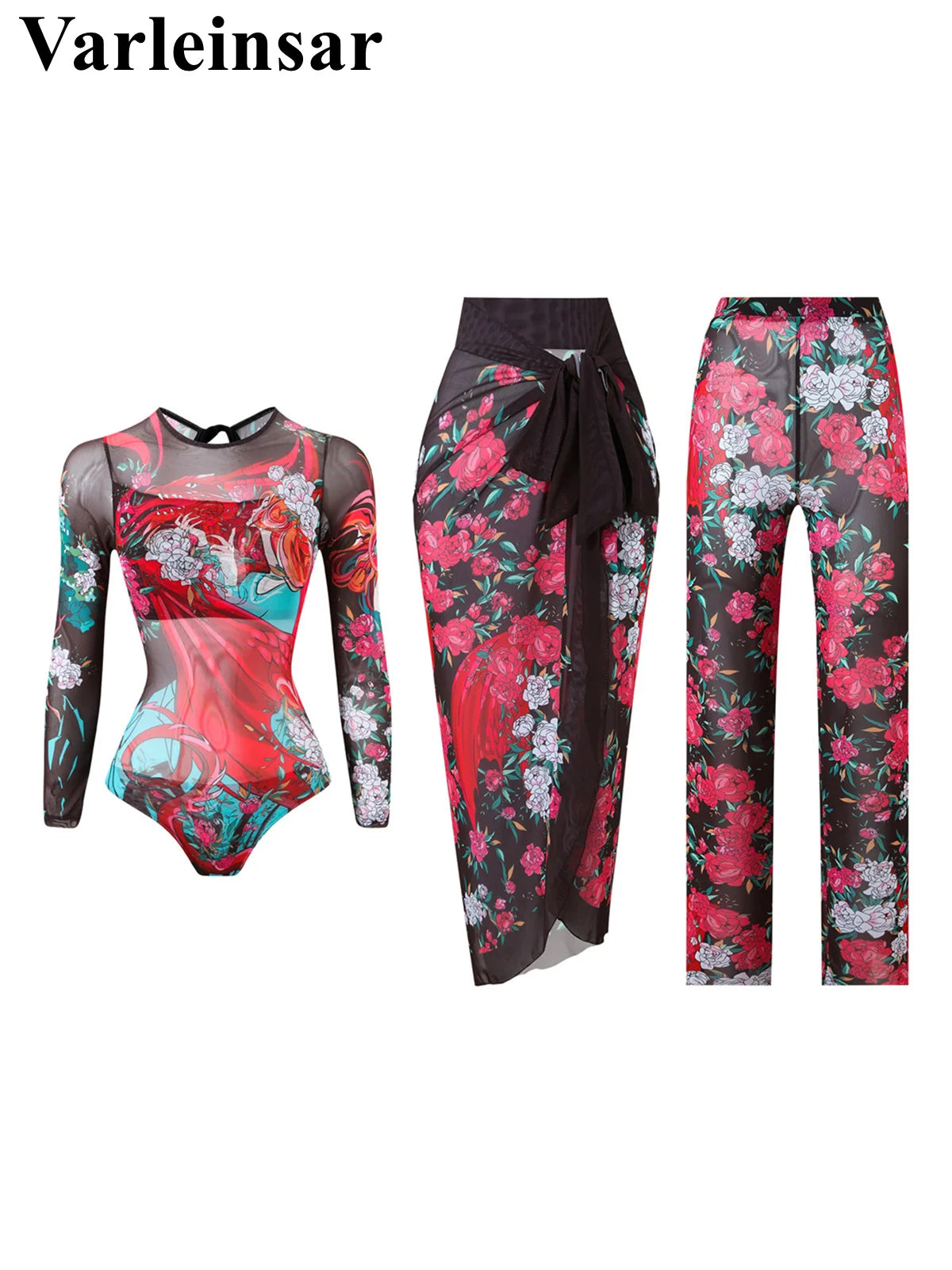 Damen-Badeanzug 3-teilig Print Langarm Sarong-Set gepolstert