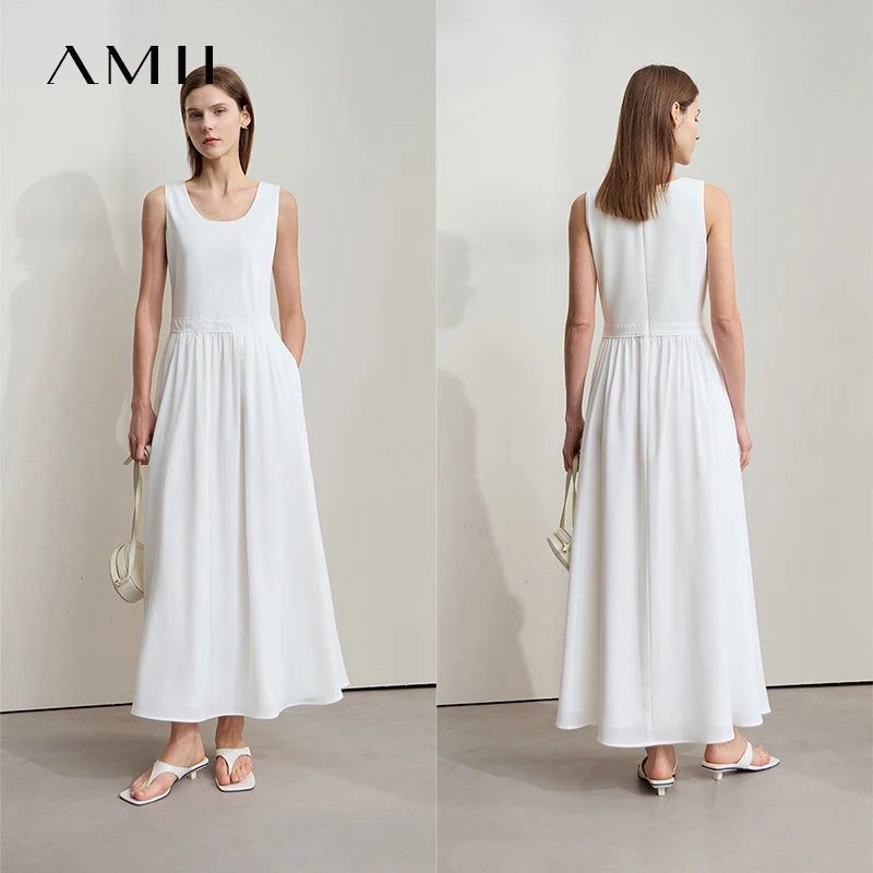 Taillenbetontes Damenkleid aus Baumwolle, ärmellos, weiß, Vorder- und Rückansicht