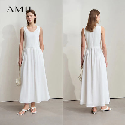 Taillenbetontes Damenkleid aus Baumwolle, ärmellos, weiß, Vorder- und Rückansicht