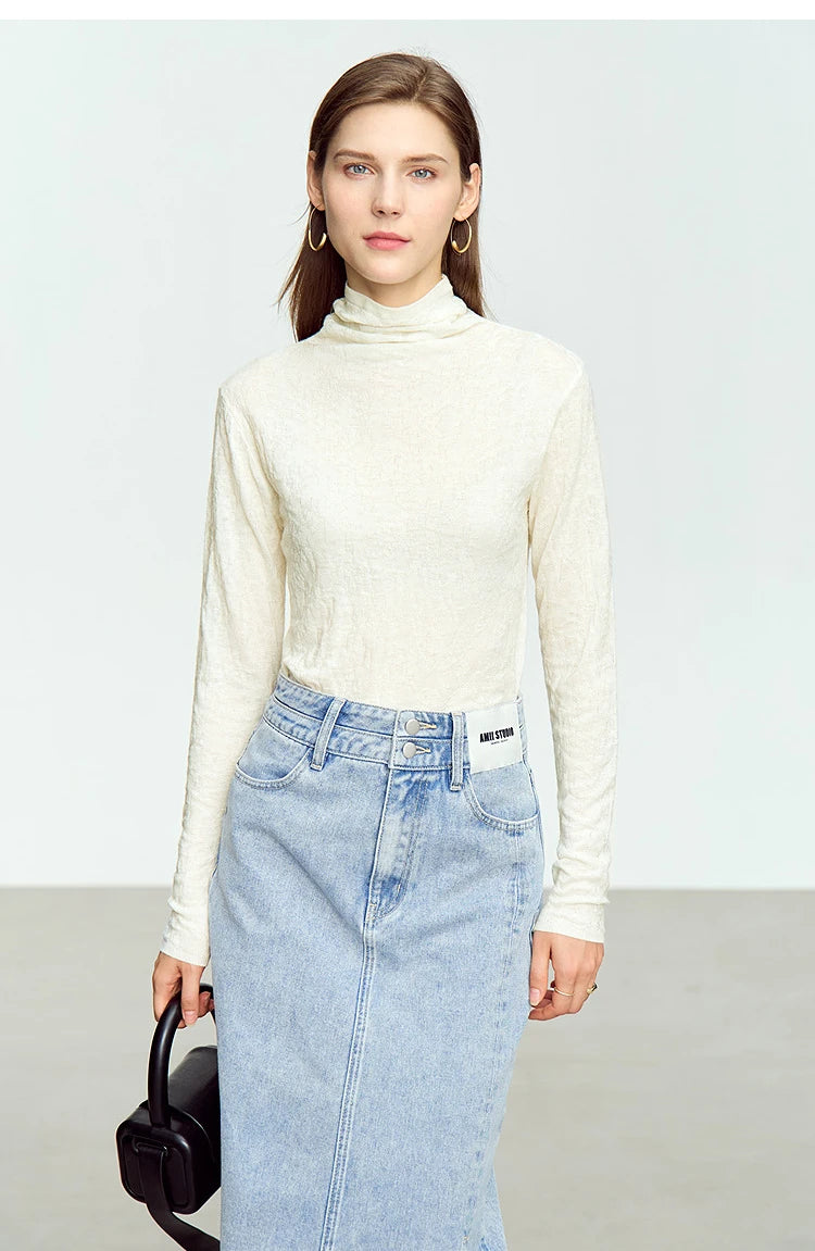 Damen-Rollkragenpullover Wolle-Mix schlank dünn Winter
