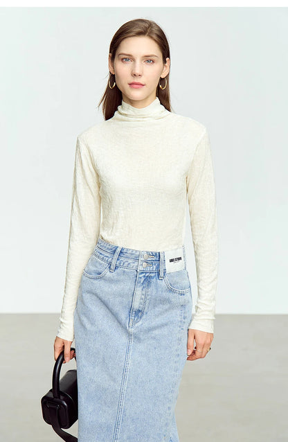 Damen-Rollkragenpullover Wolle-Mix schlank dünn Winter