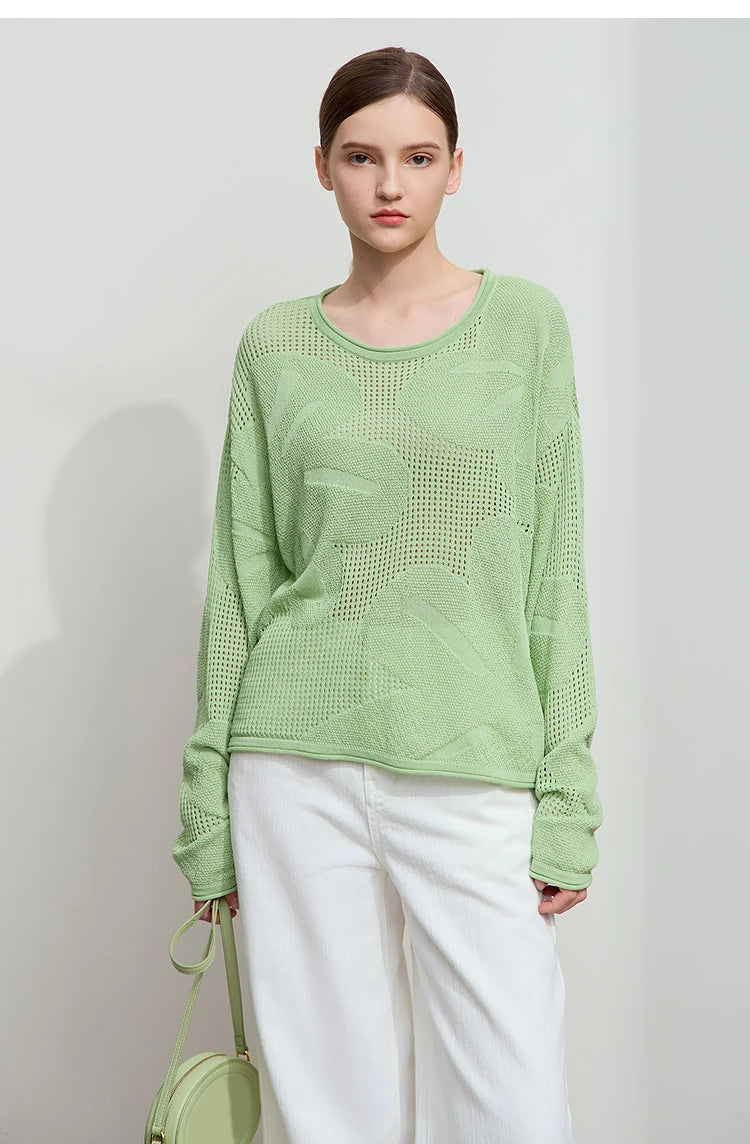 Damen-Rundhalspullover Aushöhlung Jacquard Viskose locker Frühling