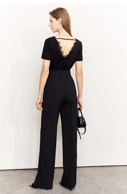 Damen T-Shirt aus mercerisierter Baumwolle mit V-Ausschnitt und Spitzen-Detail