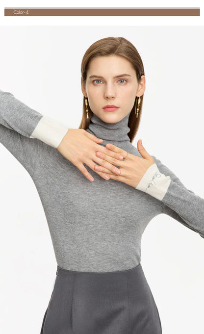 Damen-Rollkragenpullover Wolle Slim Patchwork-Splicing Herbst-Winter