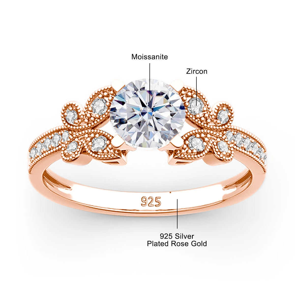 Damen-Ring Aus Roségold Mit Moissanit 1 Karat Schmetterlingsdesign Und Echtheitszertifikat