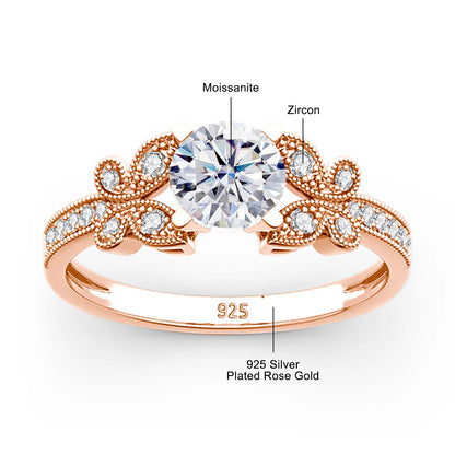 Damen-Ring Aus Roségold Mit Moissanit 1 Karat Schmetterlingsdesign Und Echtheitszertifikat