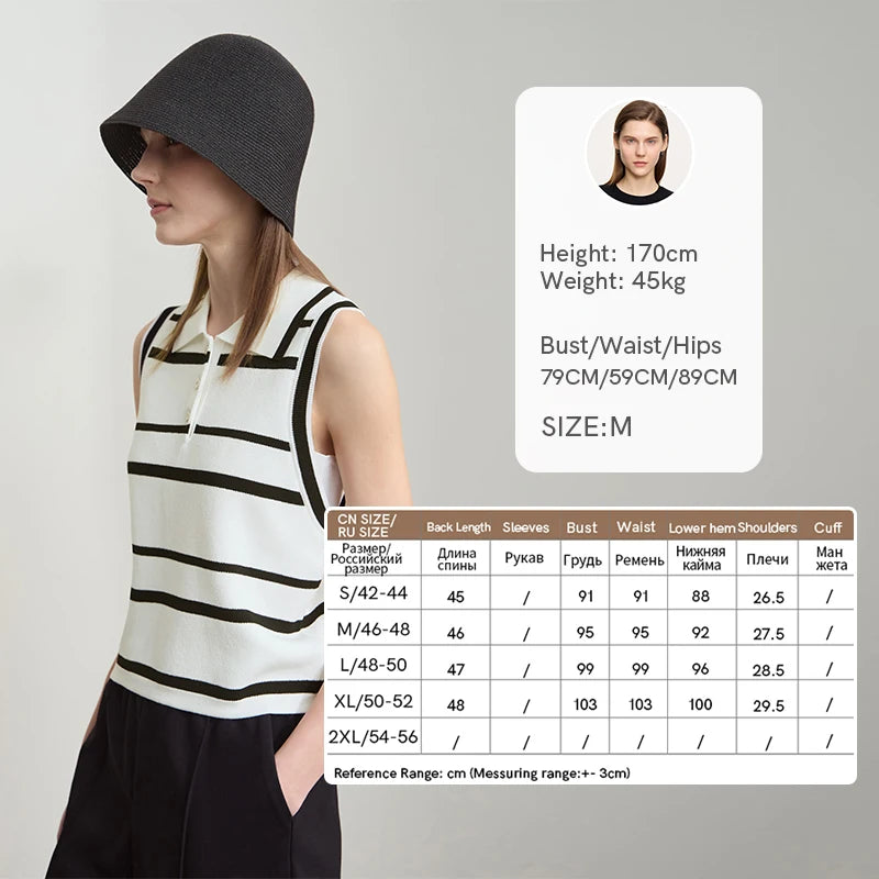 Gestreifter ärmelloser Damen-Strickpullover mit Umlegekragen, schwarz mit weißen Linien