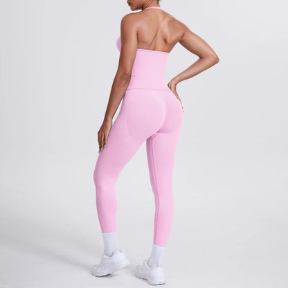 Rosa Damen-Yoga-Set: rückenfreies Top mit Racerback und Leggings, Rückansicht