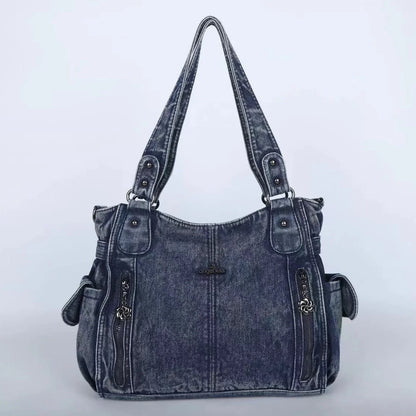 Damen-Handtasche Aus Denim Im Vintage-Look Große Schultertasche Mit Top-Griff Und Tragegurt