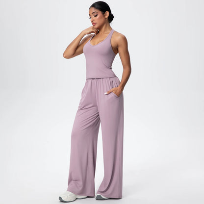 Lila Yoga-Set für Damen: ärmelloses Top und lange, weite Hose mit Raffung am Bund