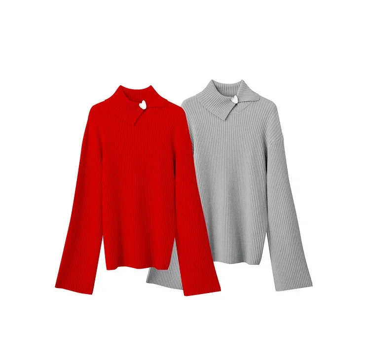 Damen-Strickpullover mit Stehkragen und Knopf vorn, langärmlig; rot und grau