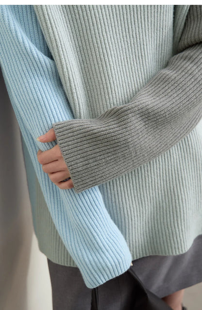 Damen V-Ausschnitt Pullover Patchwork Raglan locker Herbst-Winter