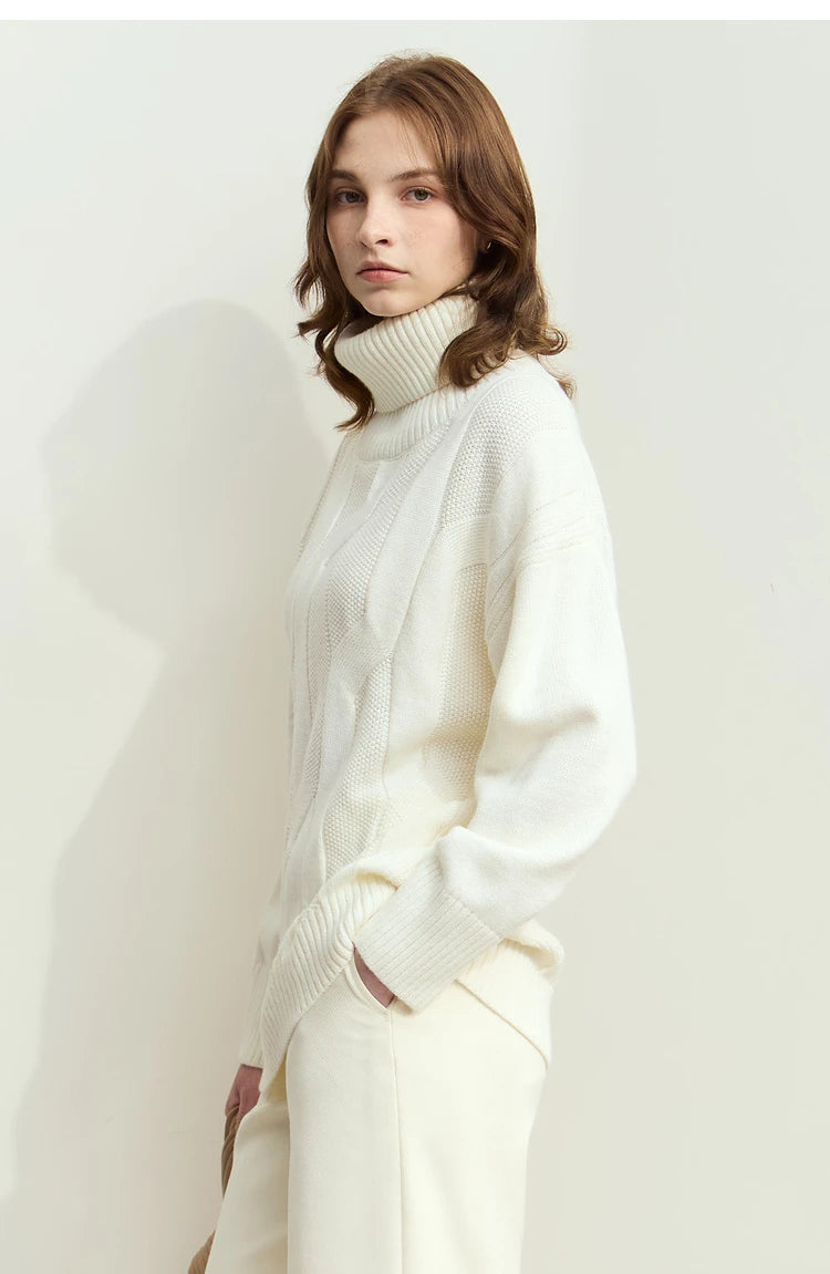 Damen-Rollkragenpullover locker Wolle-Mix lang Winter