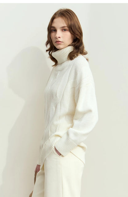 Damen-Rollkragenpullover locker Wolle-Mix lang Winter