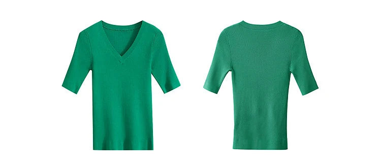 Damen V-Ausschnitt Pullover Viskose Halbarm Slim Büro Sommer