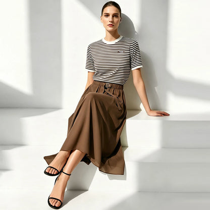 Damen-Rundhalspullover Colorblock Streifen Kurzarm locker Viskose Sommer