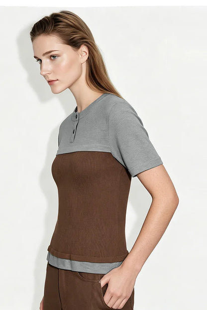 Damen-Rundhalspullover Farbblock Slim Kurzarm Viskose Büro Sommer