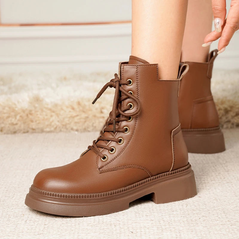 Damen Stiefeletten aus echtem Leder im Retro-Stil mit quadratischem Absatz