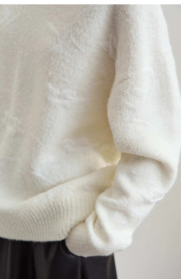 Beiger Damenpullover aus Jacquard-Strick, O-Ausschnitt, lange Ärmel, gerippte Bündchen