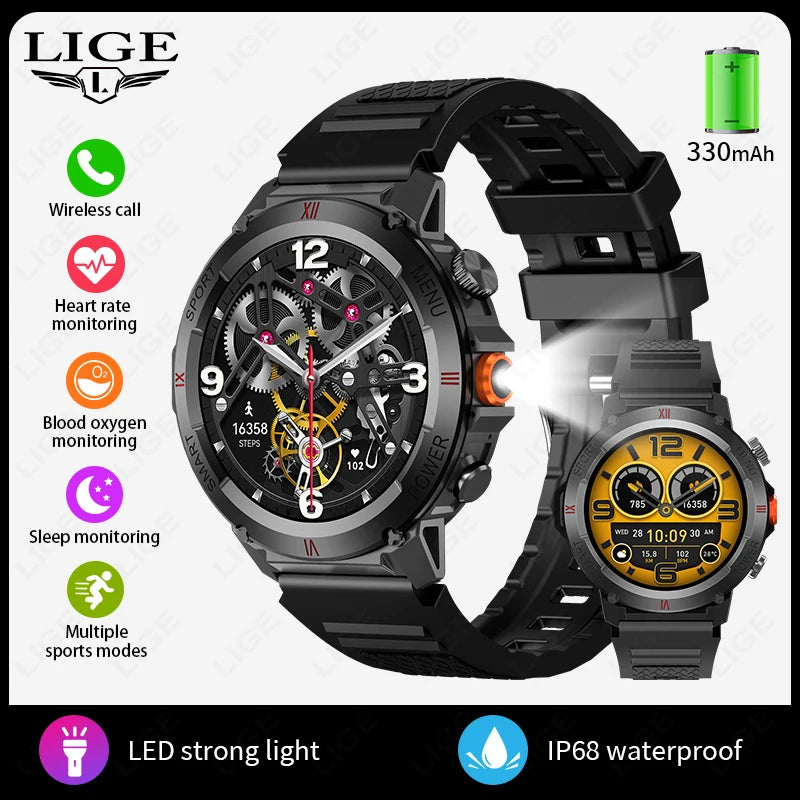LIGE 2025 Neue männer Smartwatch Taschenlampe Herzfrequenz Blutdruck Gesundheit Überwachung Wasserdichte Intelligente Uhr Für Android IOS