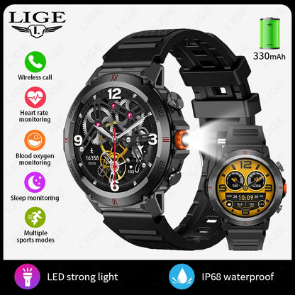 LIGE 2025 Neue männer Smartwatch Taschenlampe Herzfrequenz Blutdruck Gesundheit Überwachung Wasserdichte Intelligente Uhr Für Android IOS
