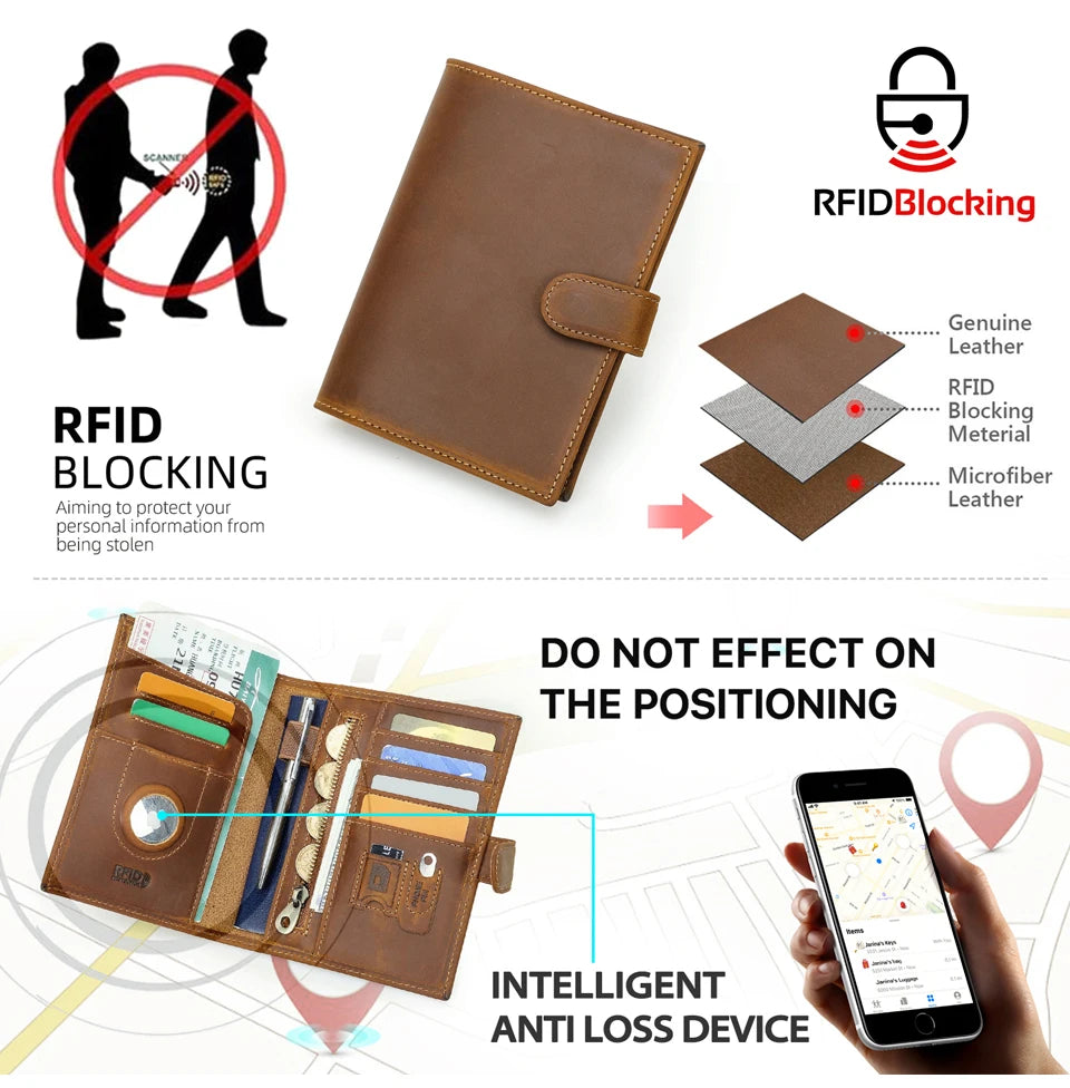 Braune Leder-Reisepasshülle mit Klappverschluss und Kartenfächern, RFID-Schutz-Optik