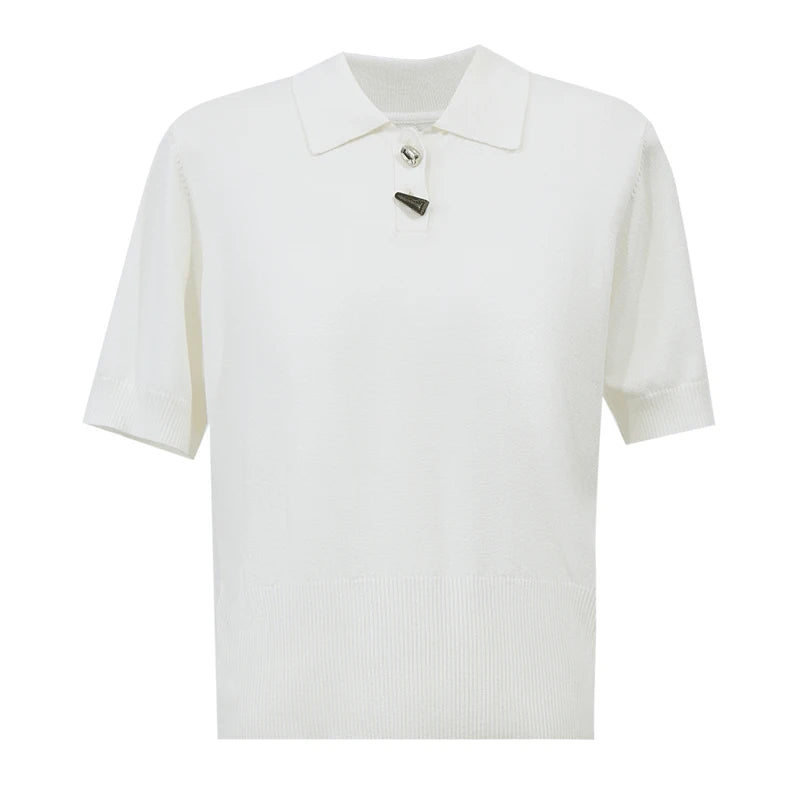 Damen-Polostricktop, kurzarm, weiß, mit Kragen und Knopfleiste