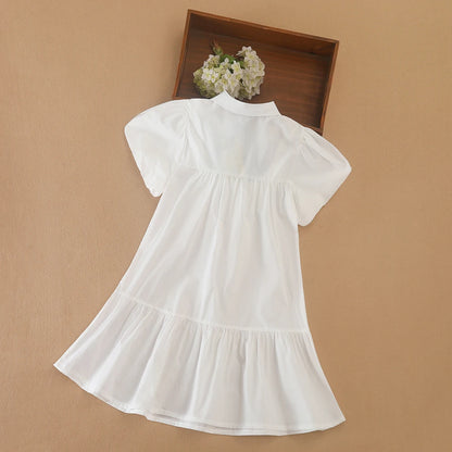 Mädchenkleid mit marineblauer Schleife, 100 % Baumwolle, kurzärmeliges, plissiertes Hemdkleid für lässige Schulkleidung, 5–12 Jahre, Sommerkleidung