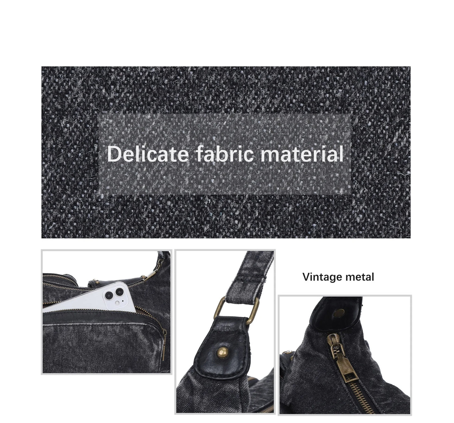 Damen-Schultertasche aus Denim und Canvas mit Reißverschluss und großem Hauptfach und Smartphonefach